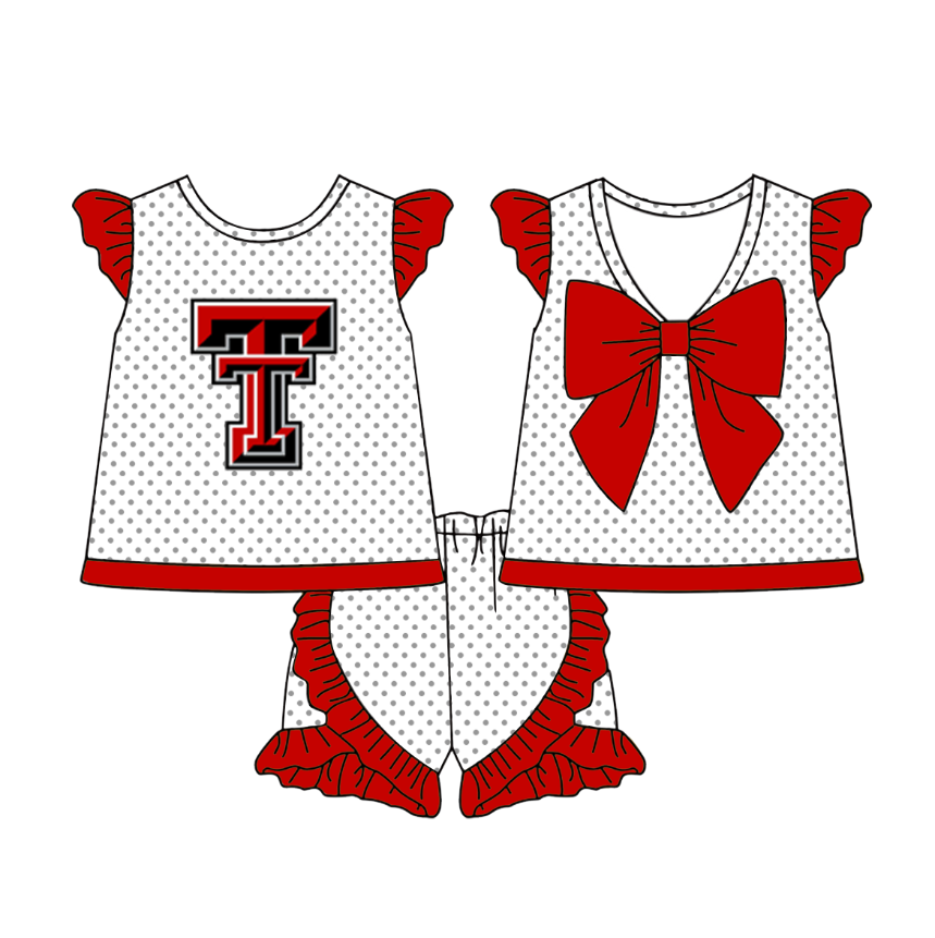 Preorder (moq 5)Baby Girls Polka Dots Back Bow Tunic Ruffle Short Team Clothes Sets