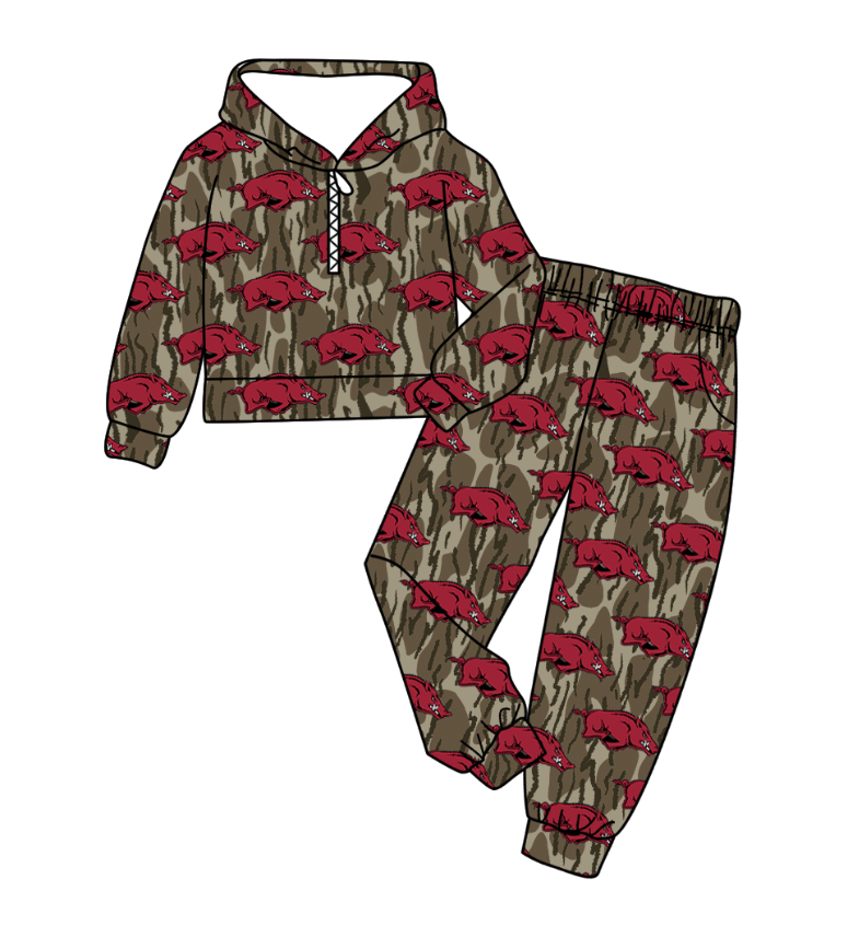 Preorder(moq 5) Baby Boys Olive Camo Red Bulls Zipper Hoodies Pockets Pants Team Clothes Sets