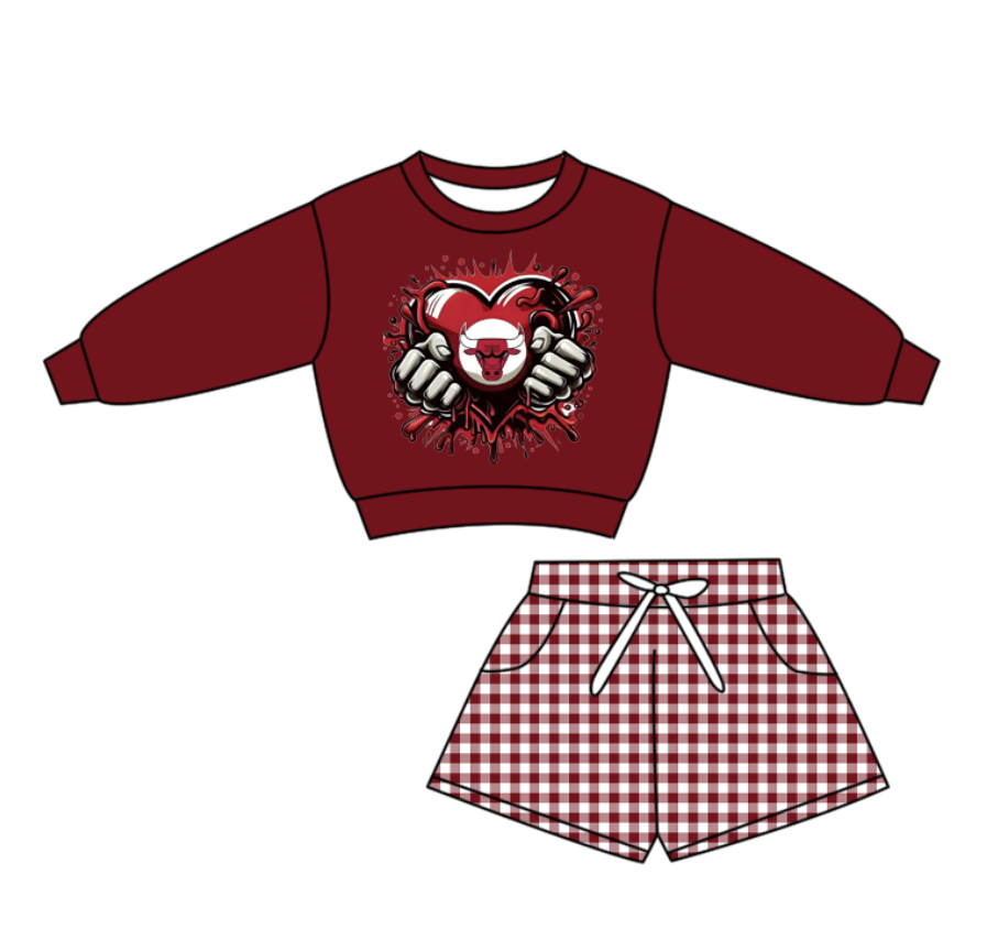 Preorder(moq 5) Baby Boys Hearts Bull Skulls Red Checked Pockets Shorts Team Clothes Sets