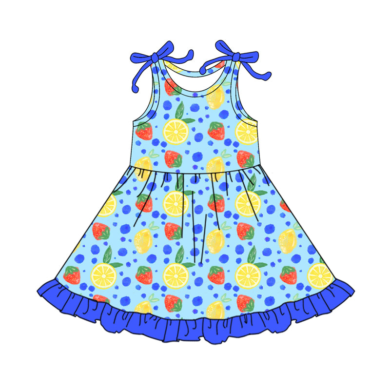 Preorder (moq 5)Baby Girls Bows Sleeveless Lemons Strawberry Ruffle Knee Length Dresses