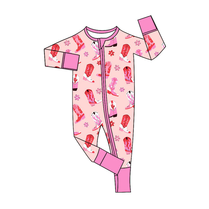 Preorder (moq 5)Baby Girls Flowers Boots Western Two Way Zip Convertible Rompers