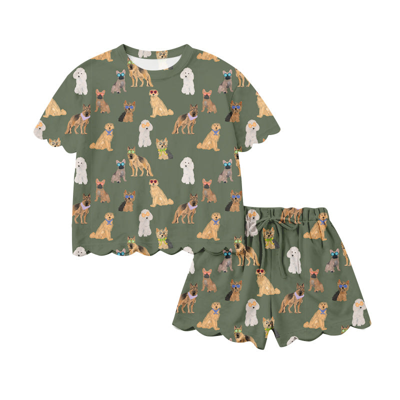 Preorder (moq 5)Baby Girls Colorful Dogs Top Scallop Shorts Hunting Clothes Sets