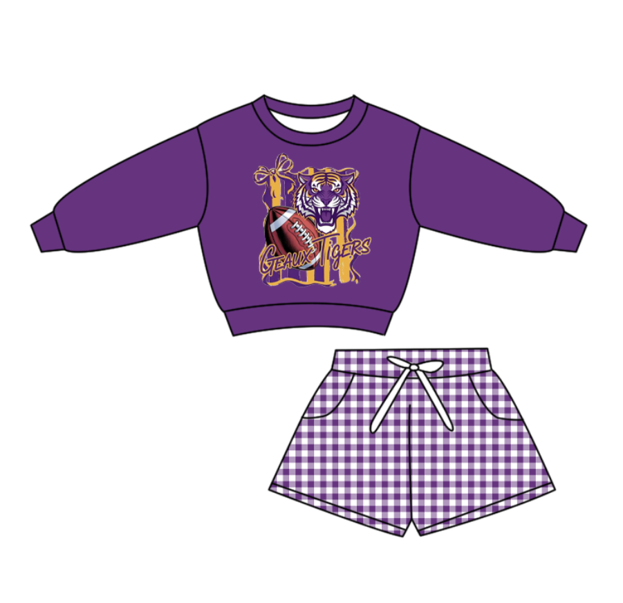 Preorder(moq 5) Baby Boys Geaux Tigers Purple Checked Pockets Shorts Team Clothes Sets