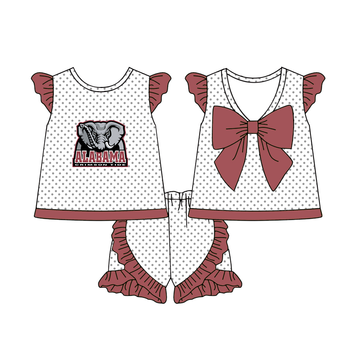 Preorder (moq 5)Baby Girls Polka Dots Back Bow Tunic Ruffle Short Team Clothes Sets