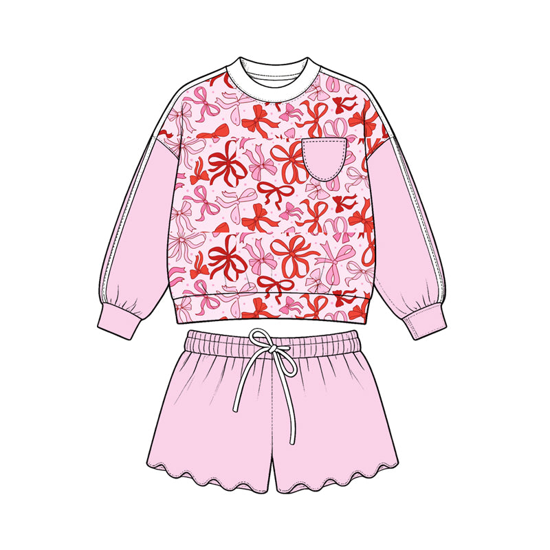 Preorder (moq 5) Girls’ All-Over Bow Print Cropped Sweatshirt & Wavy Ruffle Shorts 2-Piece Sweet Light Pink Set
