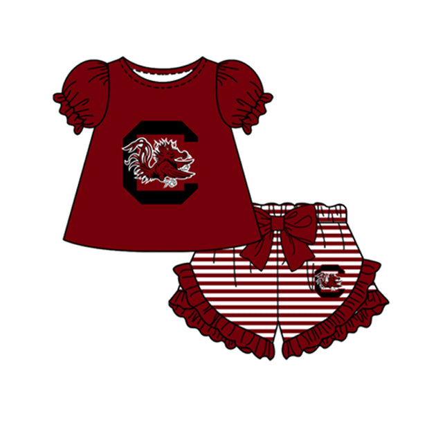 Preorder moq 5 Baby Girls Short Sleeve C Bulls Top Stripe Ruffle Short Team Clothes Sets