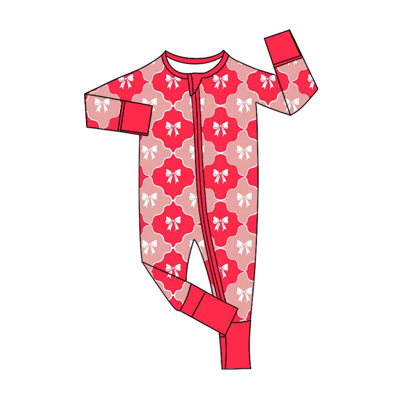 Preorder (moq 5)Baby Girls Pink Bows Checked Valentines Two Way Zip Convertible Rompers