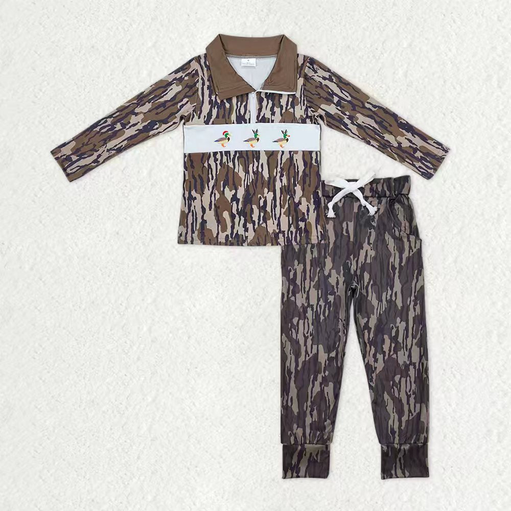 Baby Boys Olive Camo Embroidery Ducks Zip Pullover Pockets Legging Hunting Clothes Sets