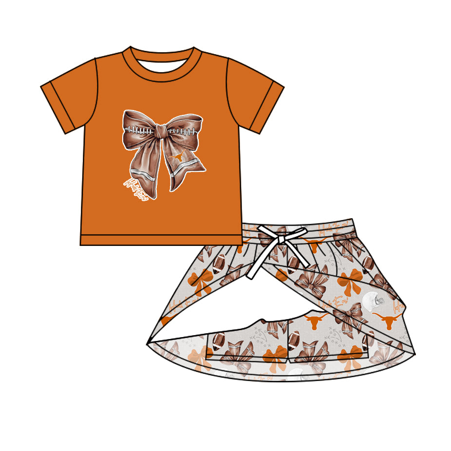 Preorder (moq 5)Baby Girls Orange Football Bows Top Bull Skulls Skirt Shorts Team Clothes Sets
