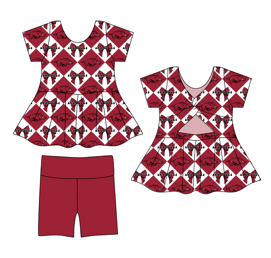 Preorder moq 5 Baby Girls Short Sleeve Red Bulls Bows Tunic Shorts Team Clothes Set