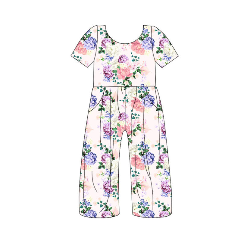 Preorder (moq 5)Baby Girls Short Sleeve Colorful Flowers Pockets Pants Jumpsuits