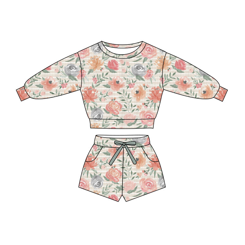 Preorder (moq 5)Baby Girls Colorful Flowers Stripe Top Pockets Shorts Clothes Sets