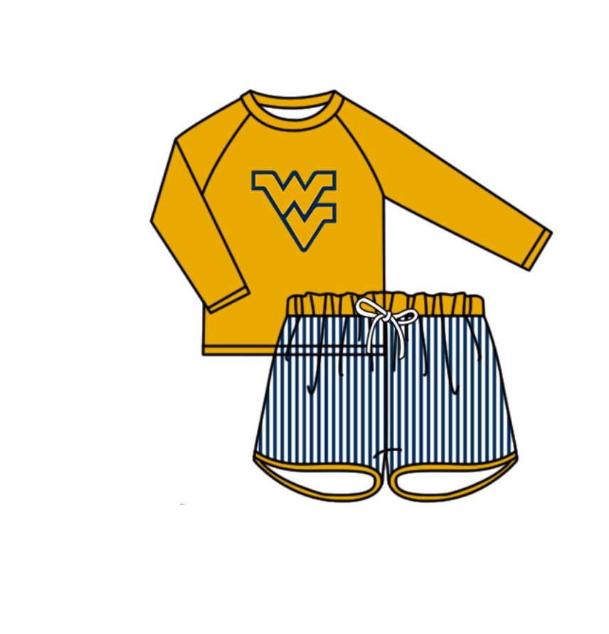 Preorder moq 5 Baby Boys Yellow WV Long Sleeve Top Stripe Shorts Team Swimsuits