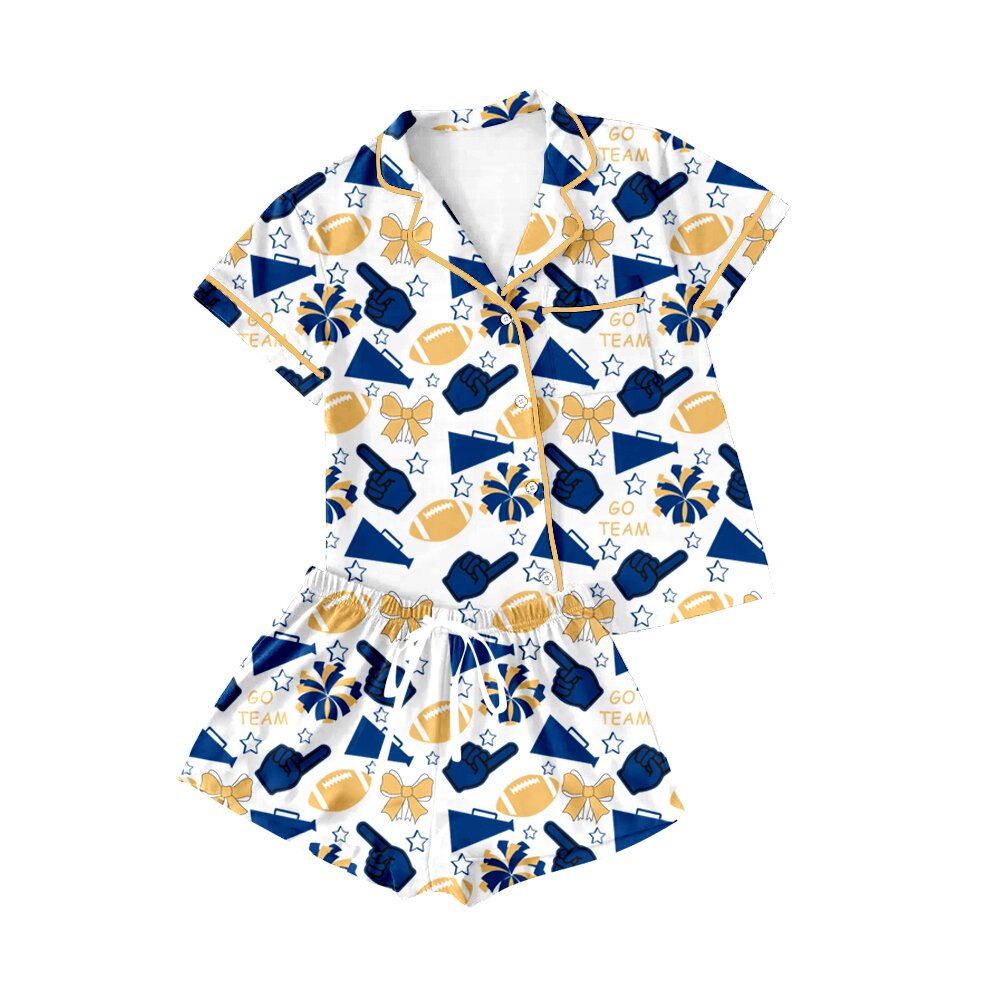 Preorder(moq 8)Baby Girls Gold Blue Bows Footballs Button Pocket Top Shorts Team Pajamas Set
