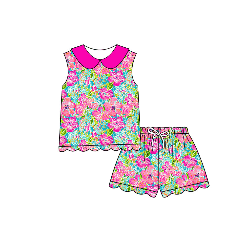 Preorder (moq 5)Baby Girls Watercolor Floral Collar Top Scallop Shorts Clothes Sets
