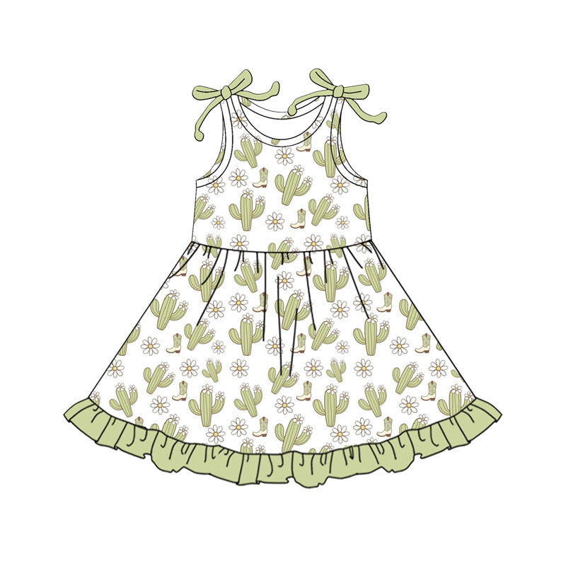 Preorder (moq 5)Baby Girls Bows Sleeveless Cactus Boots Flowers Western Ruffle Knee Length Dresses