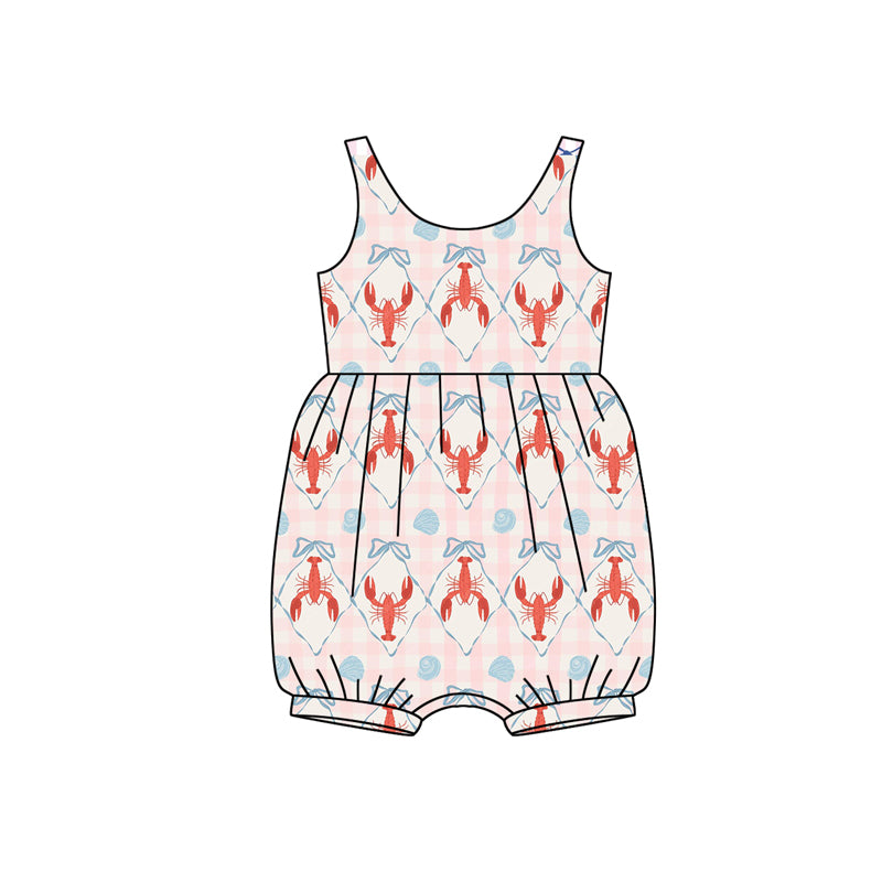 Preorder (moq 5)Baby Girls Sleeveless Pink Checked Bows Crayfishes Ruffle Rompers