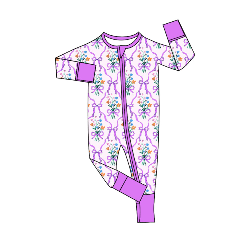 Preorder (moq 20)Baby Girls Bamboo Purple Bows Flowers Checked Zipper Footie Rompers