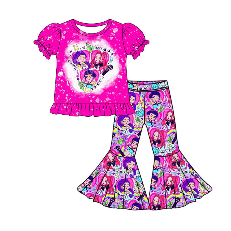 Preorder(moq 5) Baby Girls Cartoon Girls Flowers Ruffle Top Bell Bottom Pants Clothes Sets