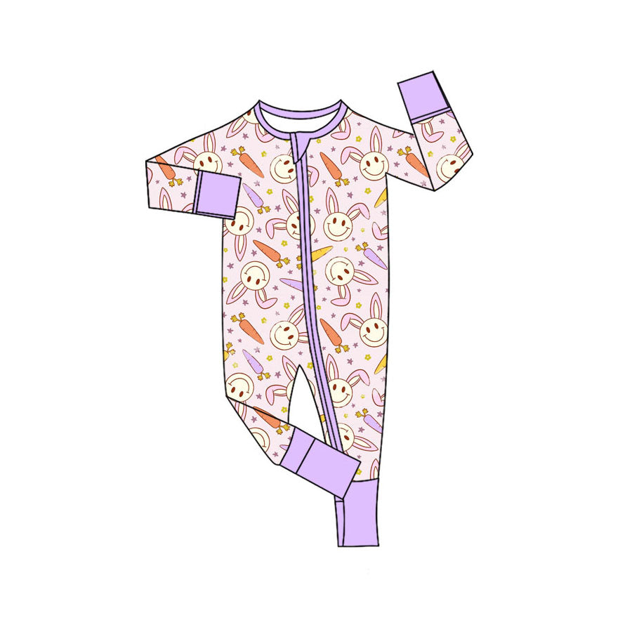 Preorder (moq 5)Baby Girls Carrots Rabbits Easter Two Way Zip Convertible Rompers