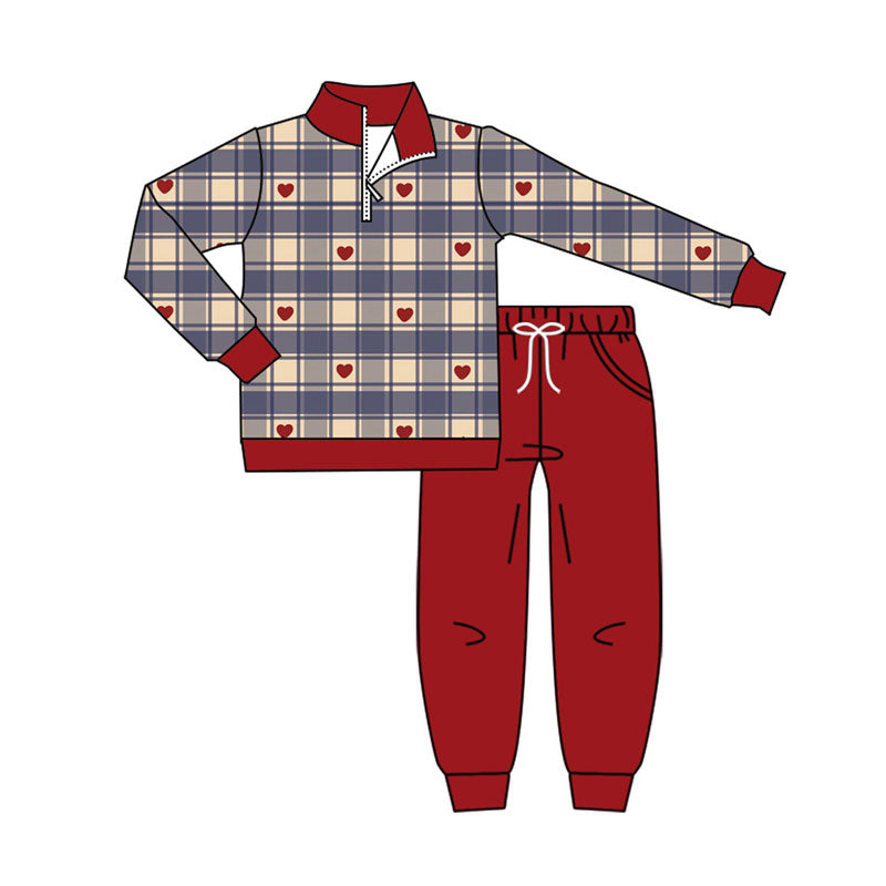 Preorder(moq 5) Baby Boys Hearts Checked Zipper Pullovers Pockets Jogger Valentine Clothes Sets