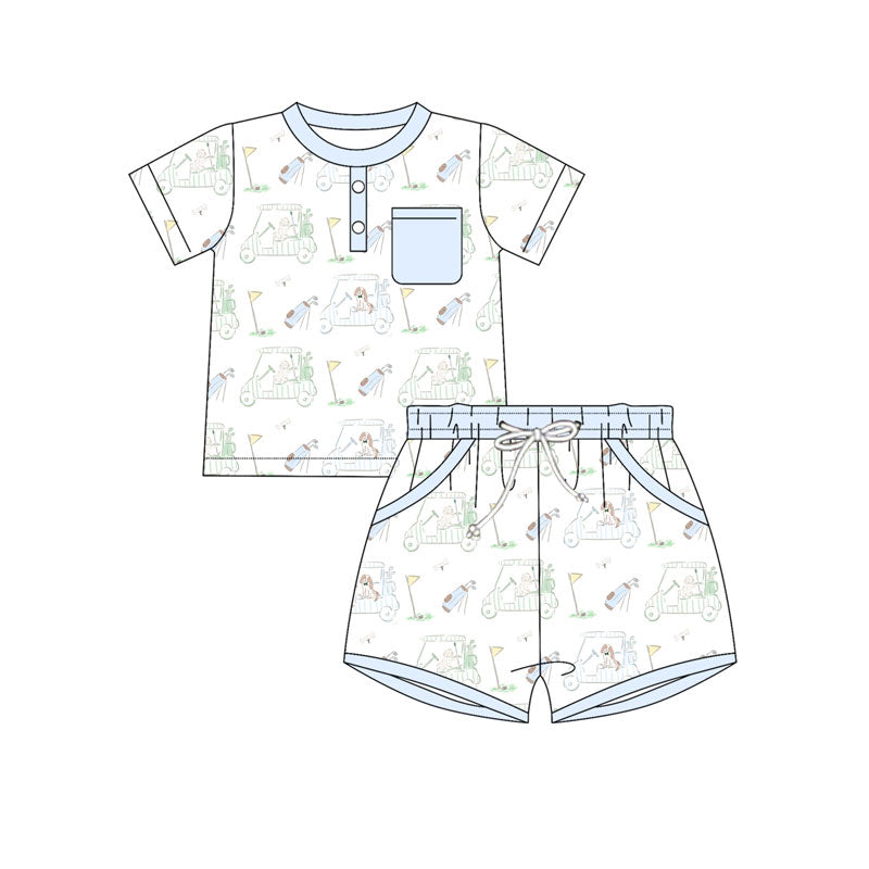 Preorder(moq 5) Baby Boys Light Blue Golf Trucks Button Top Pocket Shorts Clothes Sets
