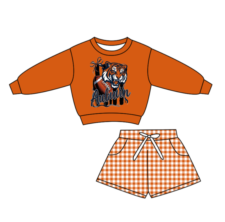 Preorder(moq 5) Baby Boys Tiger Footballs Orange Checked Pockets Shorts Team Clothes Sets
