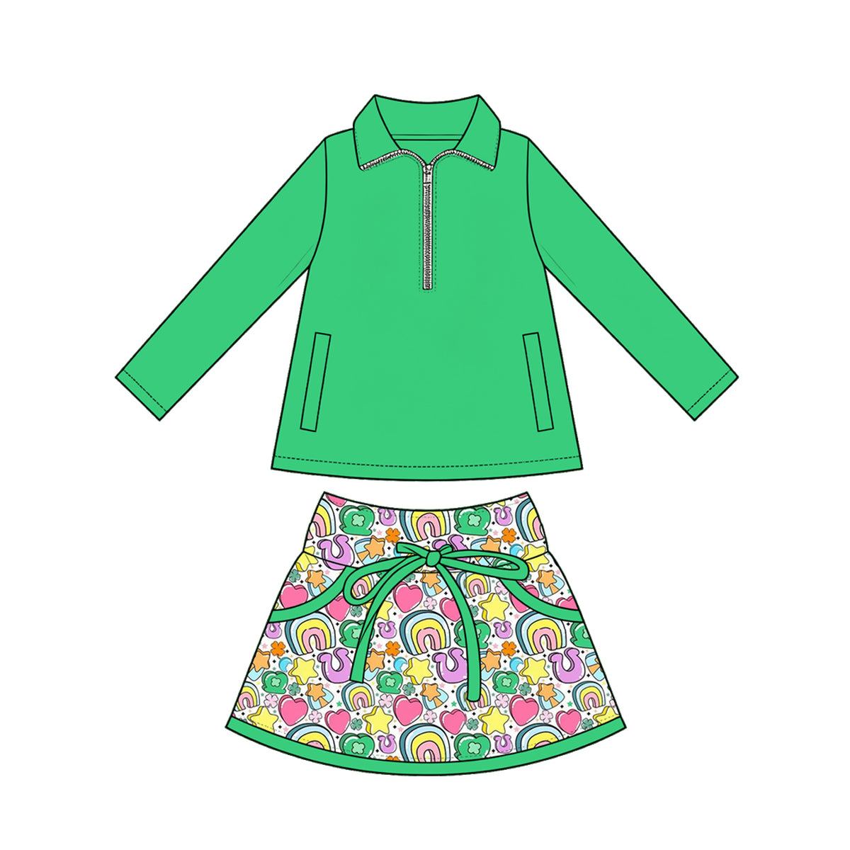 Preorder (moq 5) Baby Girl Clothes St Patrick Rainbow Heart Clover Print Green Long Sleeve Half Zip Top Bow Skirt Set