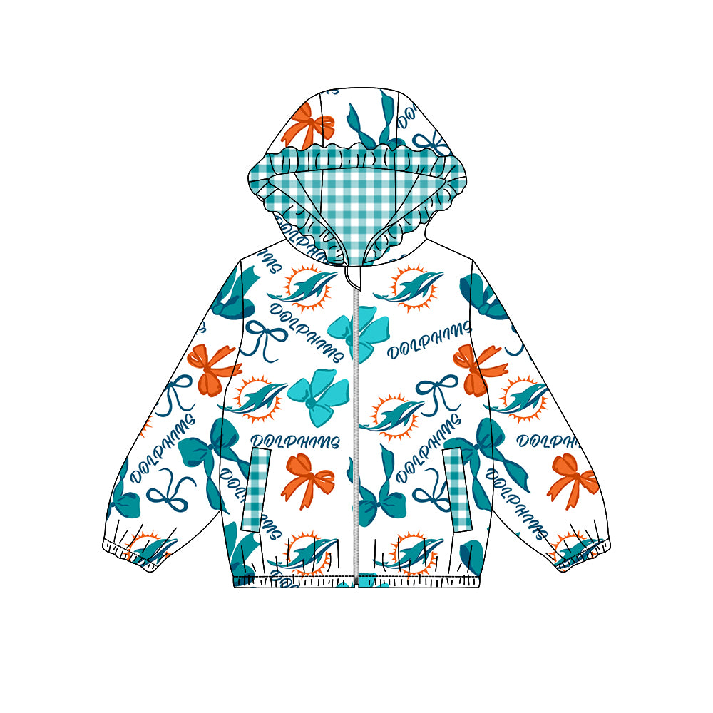 Preorder (moq 8)Baby Girls Bows Dolphins Pockets Zipper Team Hoodie Jackets Top