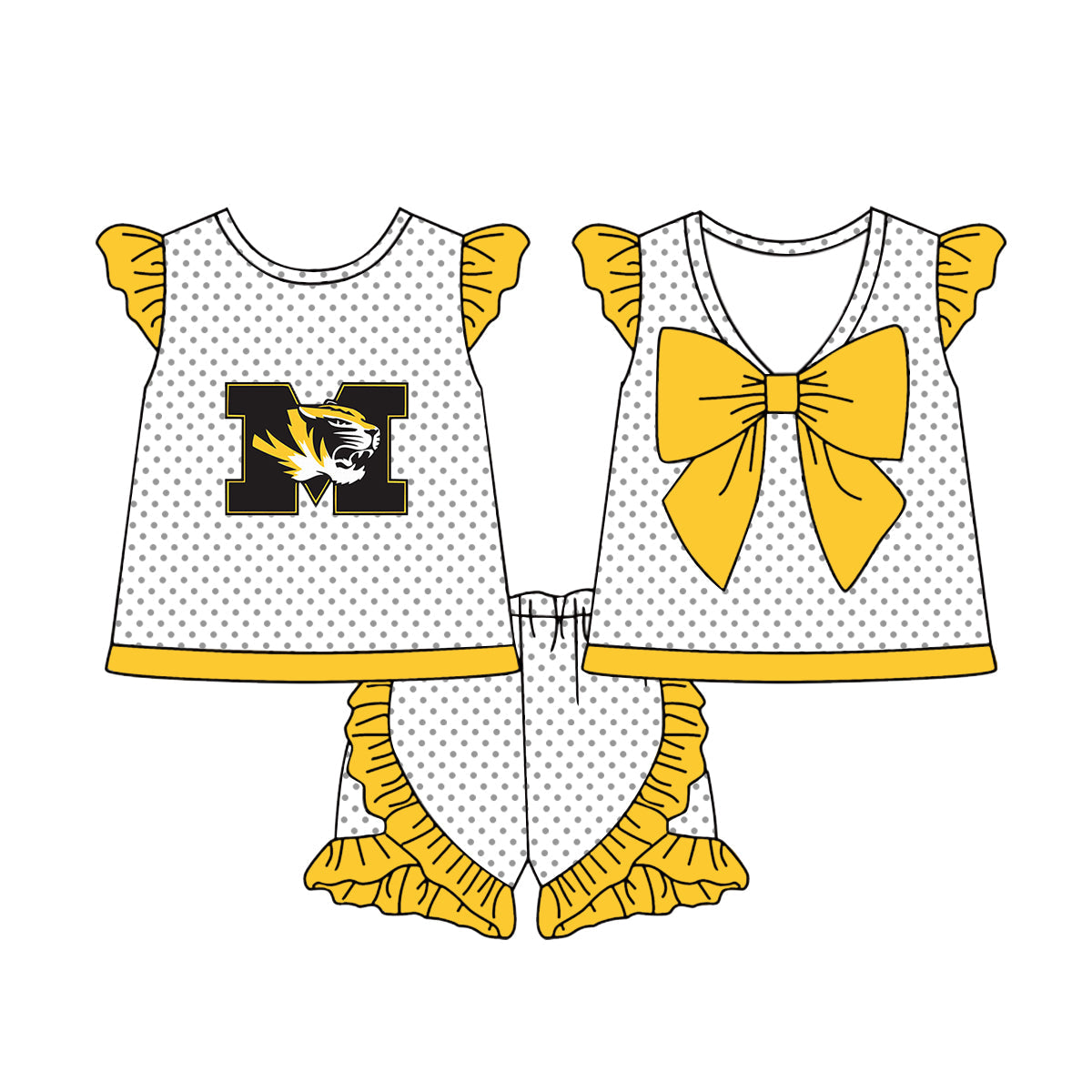 Preorder (moq 5)Baby Girls Polka Dots Back Bow Tunic Ruffle Short Team Clothes Sets