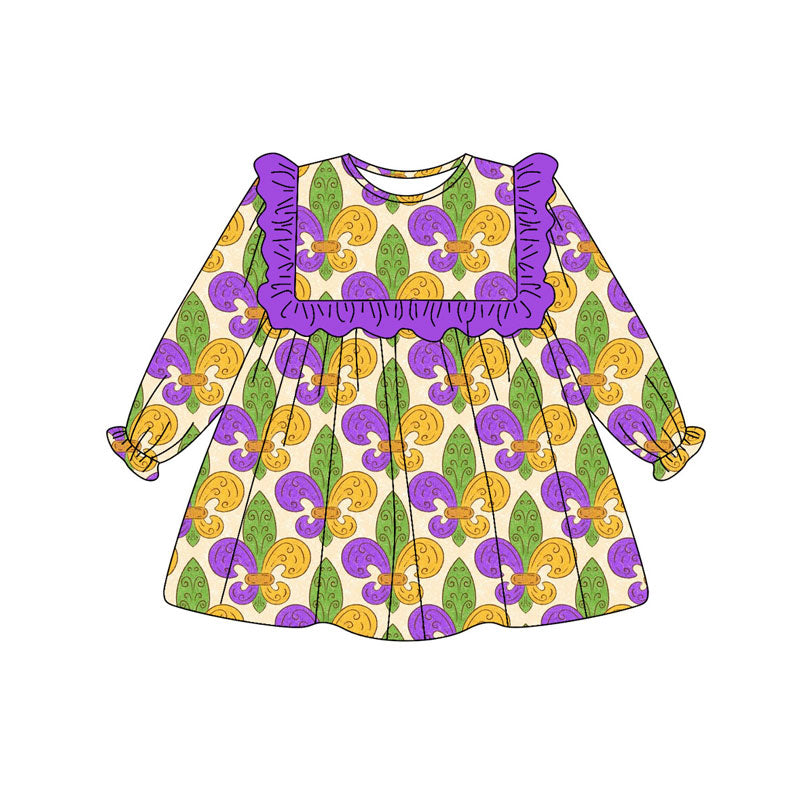 Preorder (moq 5)Baby Girls Purple Yellow Green Mardigras Ruffle Sleeve Knee Length Dresses
