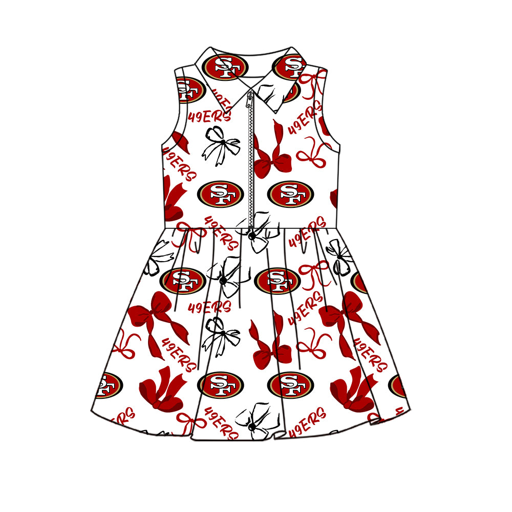 Preorder (moq 5)Baby Girls Sleeveless Bows 49ERS Team Zip Short Knee Length Dress
