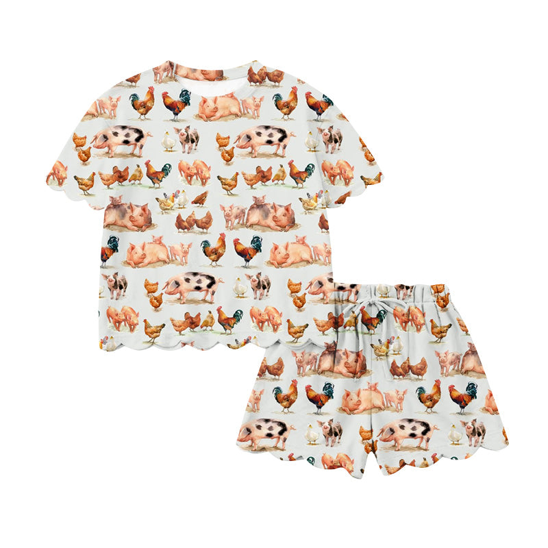 Preorder (moq 5)Baby Girls Chicks Pigs Top Scallop Short Farm Clothes Sets