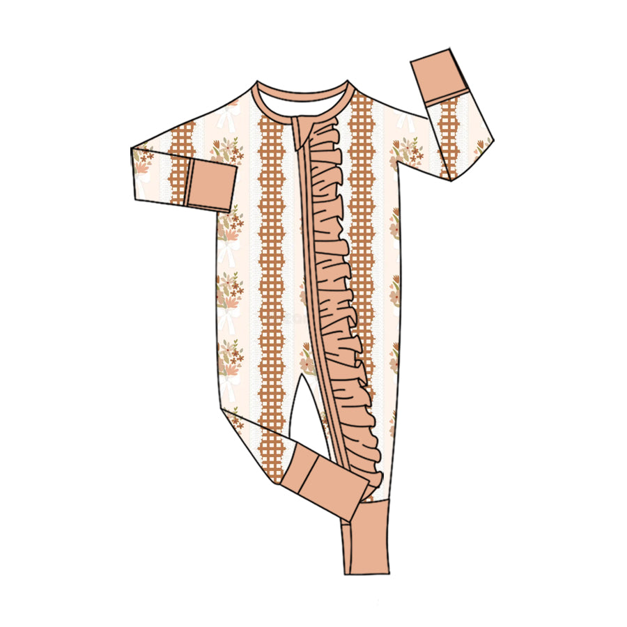 Preorder (moq 5) Baby Girls Bows Flowers Fall Two Way Ruffle Zip Convertible Rompers