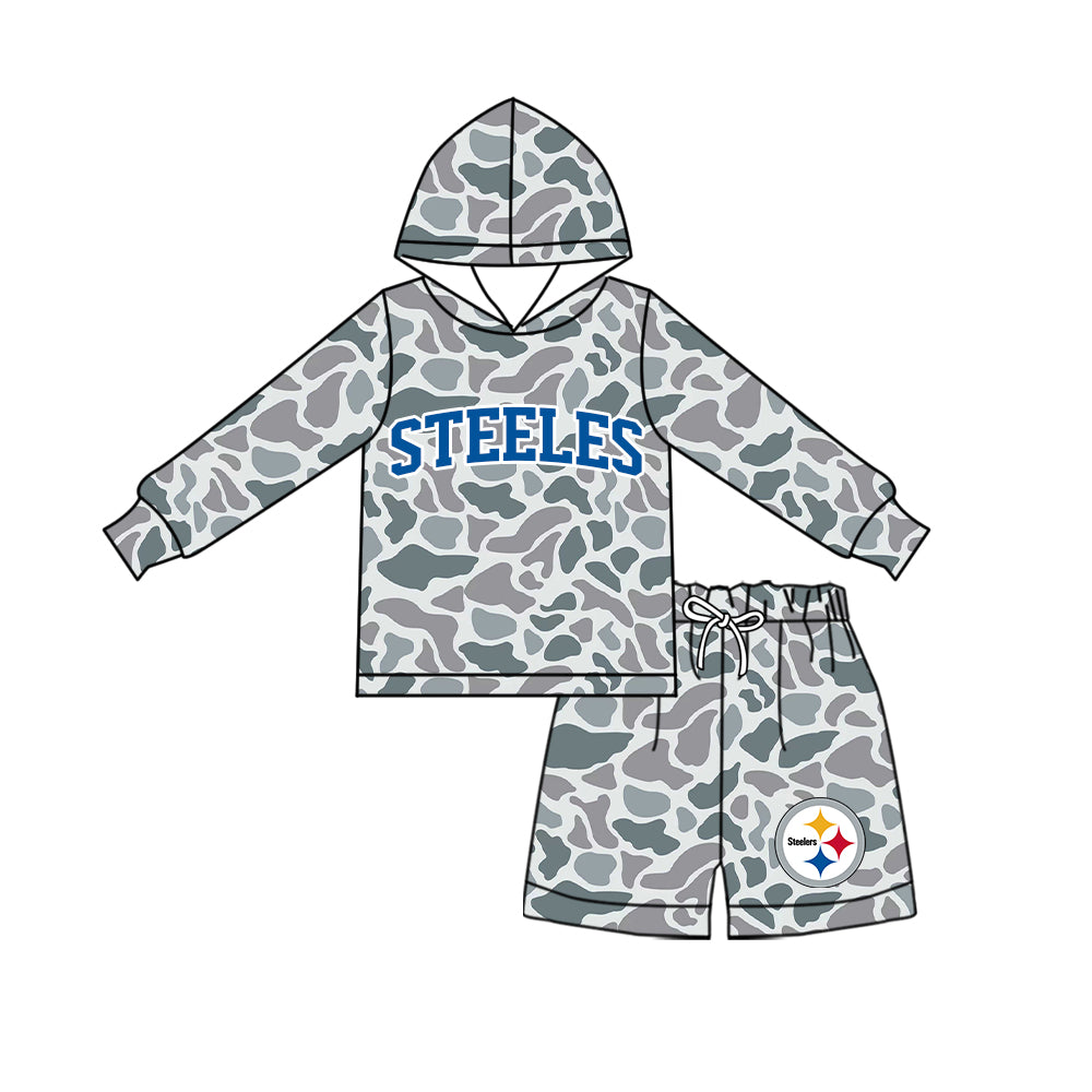 Preorder (moq 5) Baby Boys Grey Camo Steeles Hoodie Short Team Clothes Sets