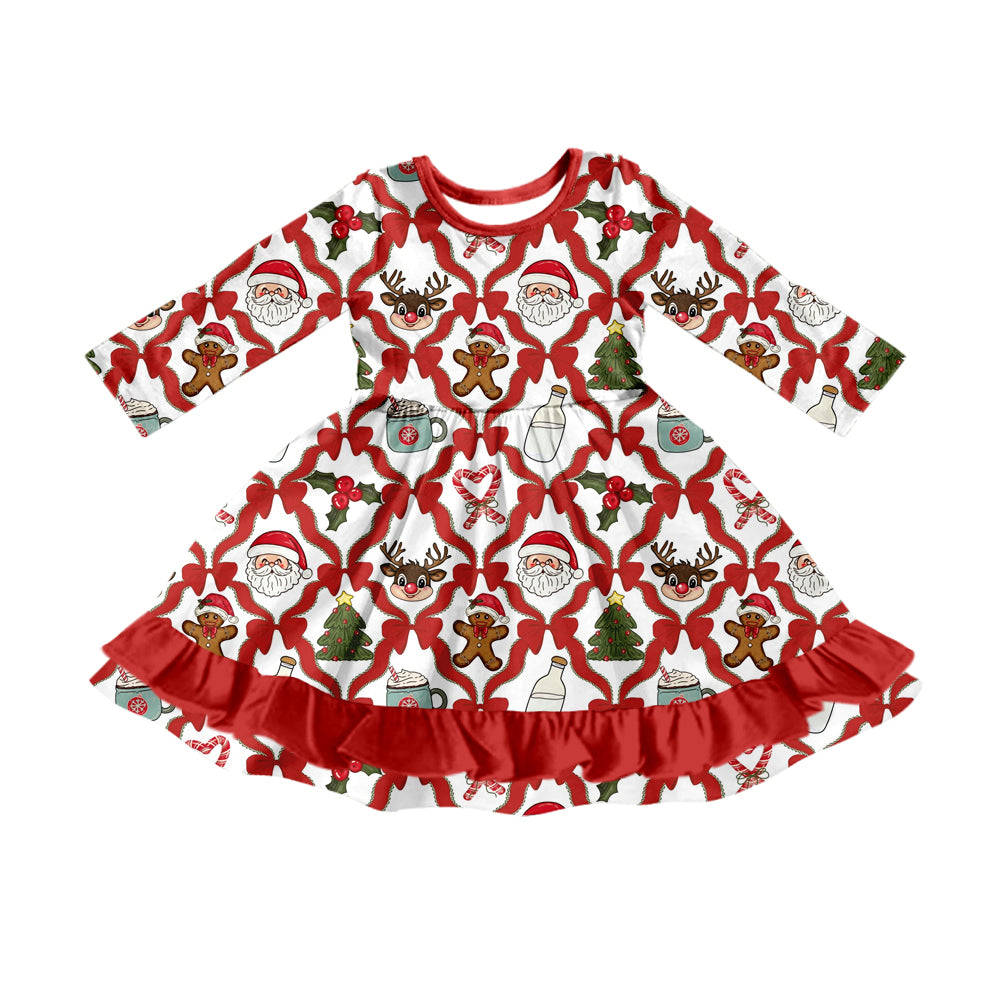 Preorder (moq 5) Baby Girls Bows Santa Holly Christmas Ruffle Knee Length Dresses