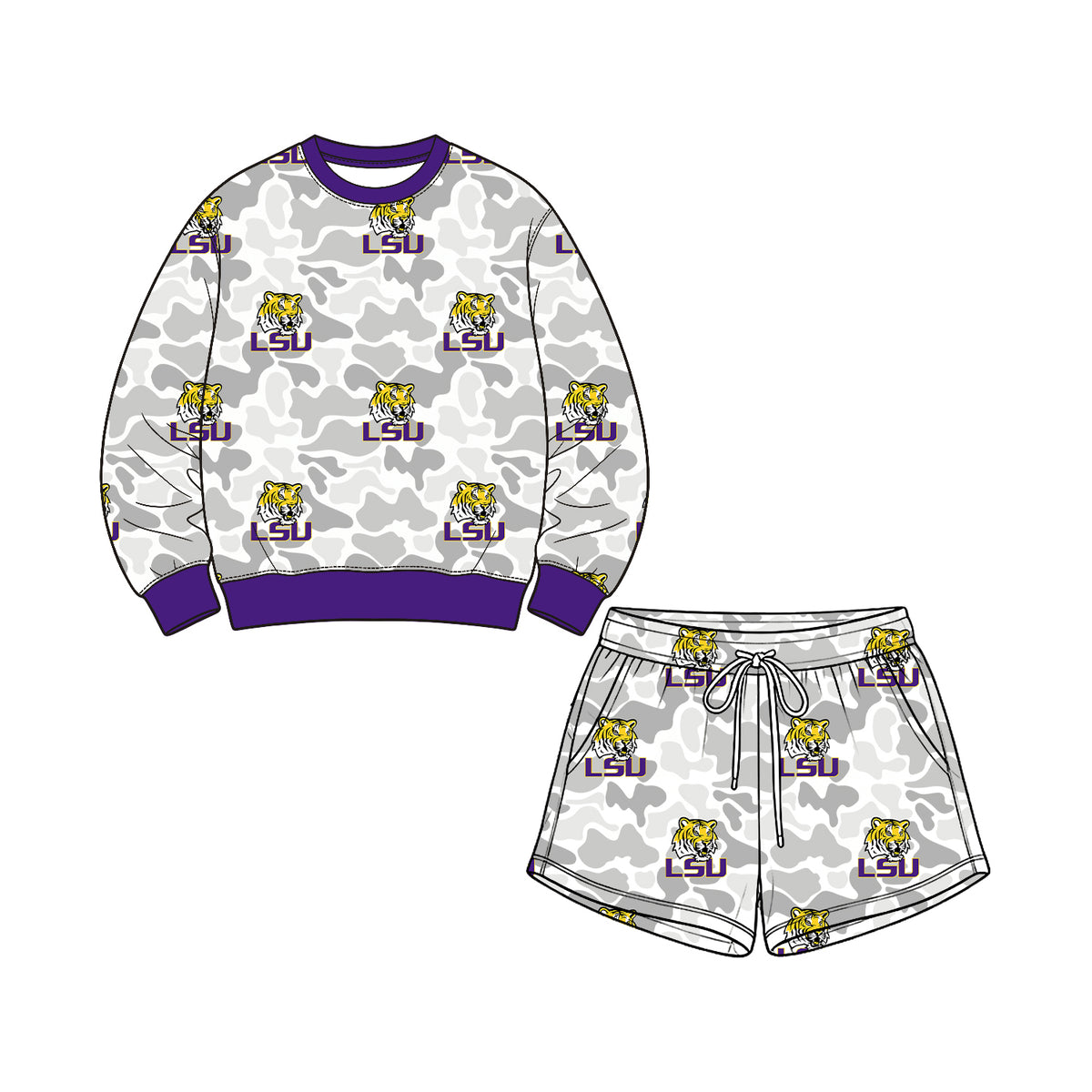 Preorder (moq 5) Kids Clothes Camo LSU Tiger Mixed Print Long Sleeve Sweatshirt Short Pant Set