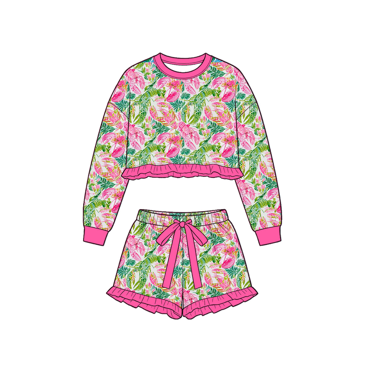 Preorder (moq 5) Baby Girl Clothes Pink Lobster Tropical Leaf Print Long Sleeve Ruffle Crop Top Bow Ruffle Shorts Set