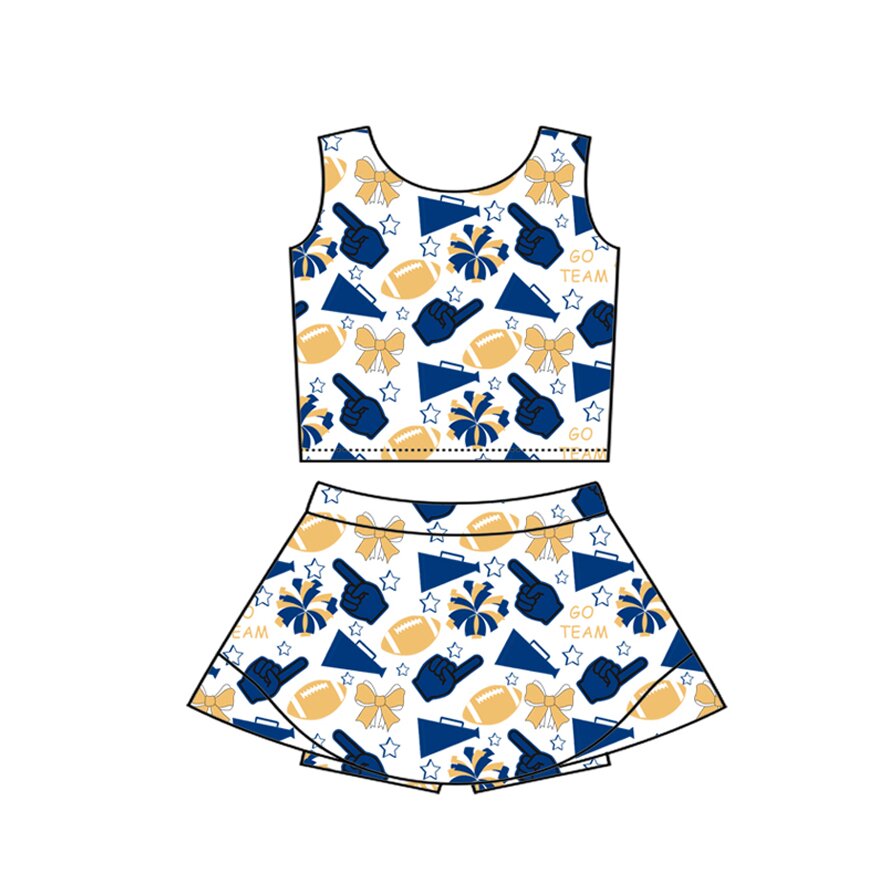 Preorder(moq 8)Baby Girls Gold Blue Bows Footballs Vest Top Shirt Shorts Team Clothes Sets