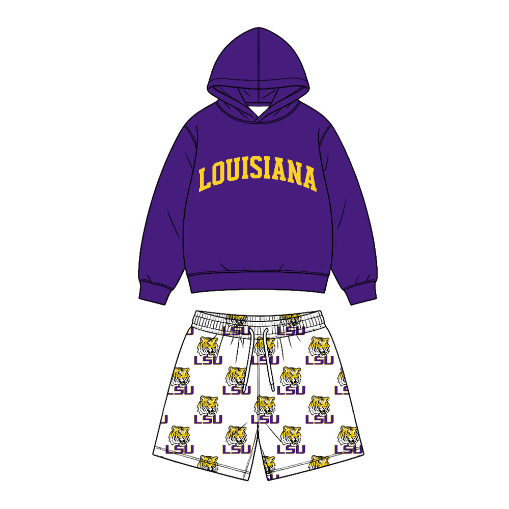 Preorder (moq 5) Baby Boy Clothes Louisiana LSU Tiger Logo Print Long Sleeve Hoodie & Elastic Waist Short Set
