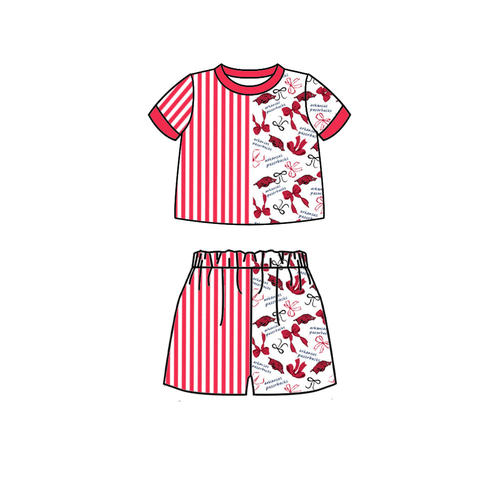 Preorder (moq 5)Baby Girls Red Stripe Bows Arkansas Shirt Top Short Team Clothes Set