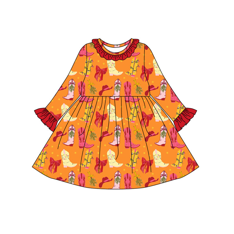 Preorder (moq 5)Baby Girls Bows Boots Plaid Knee Length Dresses