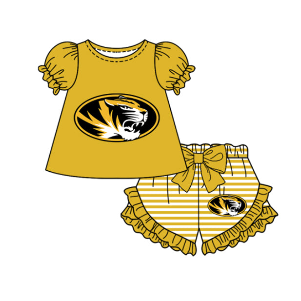 Preorder moq 5 Baby Girls Short Sleeve Tigers Top Stripe Ruffle Short Team Clothes Sets