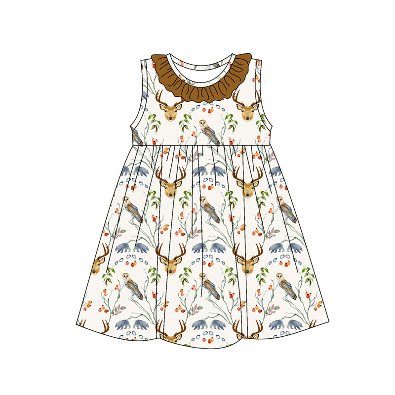 Preorder (moq 5)Baby Girls Brown Sleeveless Deer Floral Knee Length Dresses