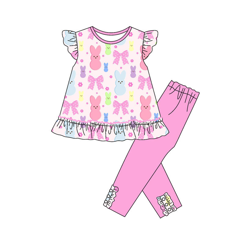Preorder (moq 5)Baby Girls Colorful Flowers Rabbits Tunic Leggings Easter Clothes Sets