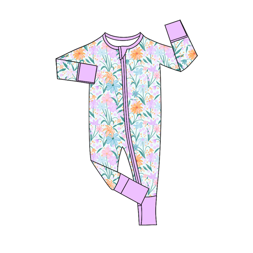 Preorder (moq 20)Baby Girls Bamboo Colorful Flowers Zipper Footie Rompers