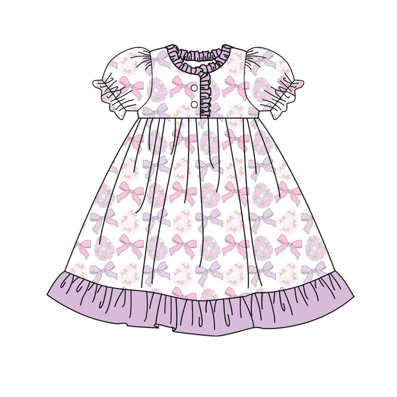 Preorder(moq 8)Baby Girls Bows Flowers Eggs Easter Button Ruffle Knee Length Dresses