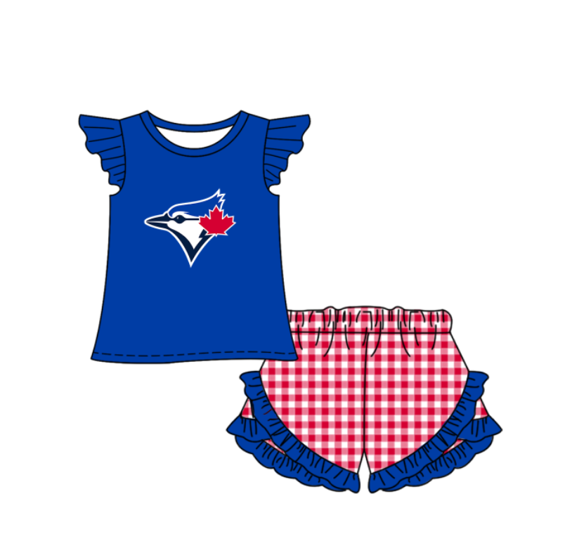 Preorder (moq 5)Baby Girls Toronto Blue Jays Shirt Top Checked Ruffle Short Team Clothes Set