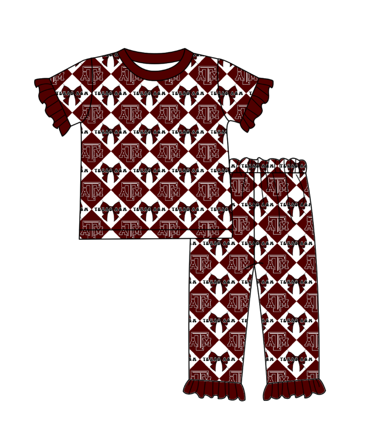 Preorder (moq 5)Baby Girls Team Bows Checked Top Ruffle Pant Clothes Sets