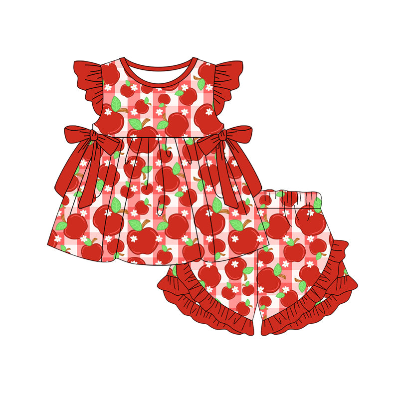 Preorder (moq 5)Baby Girls Apples Checked Tunic Ruffle Shorts Back to School Clothes Set